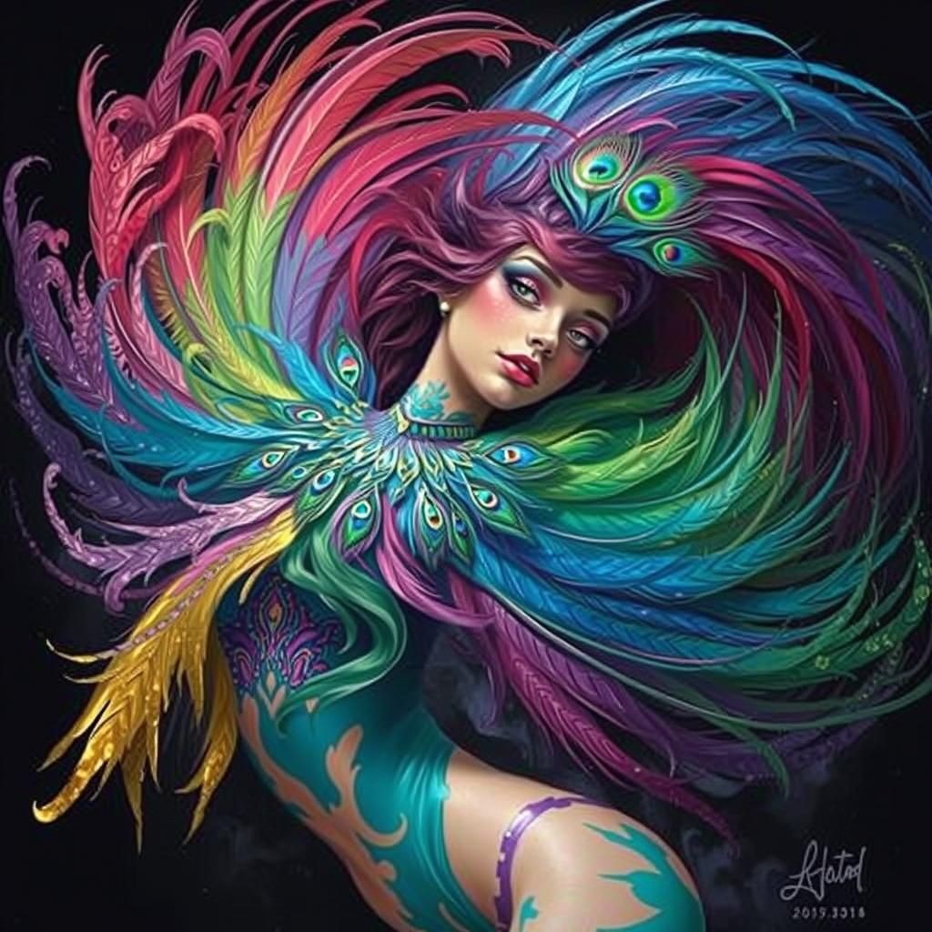 Rainbow Woman with Peacock Feathers, Klimt-Inspired