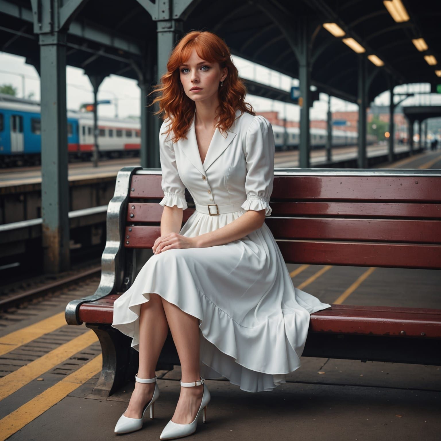 Elegant Lady Waits for a Train in a Fantastical Train Statio...