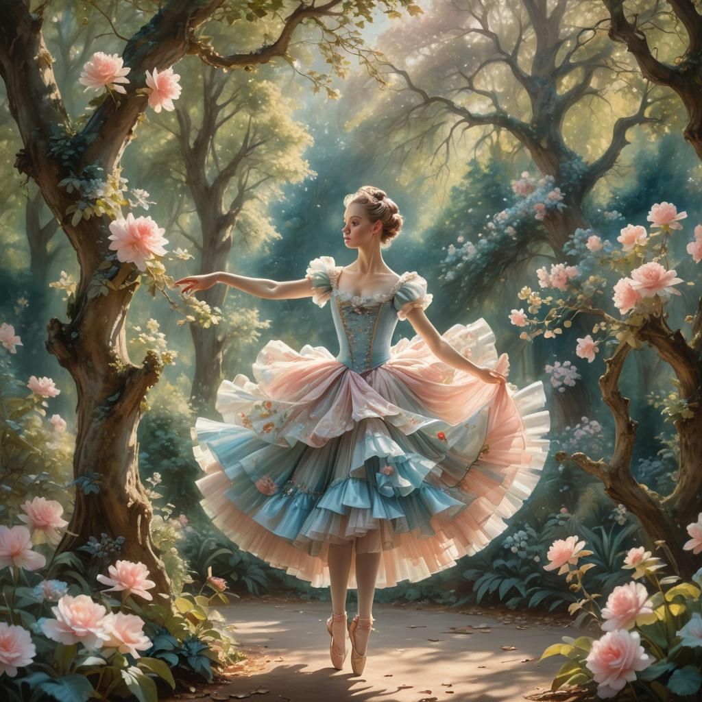 Ballerina Dancing in Rococo Style Garden