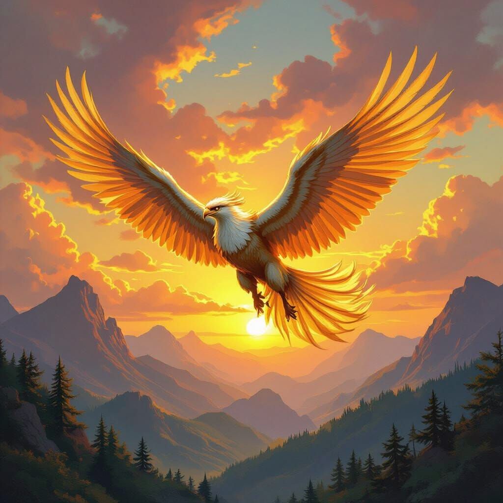 Griffin Soaring Through Sunset Sky: Fantasy Art