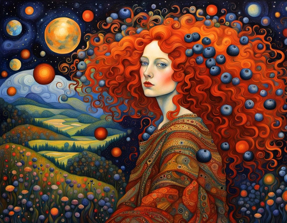 Goddess in Cosmic Blueberry Dreamscape, Art Nouveau Style