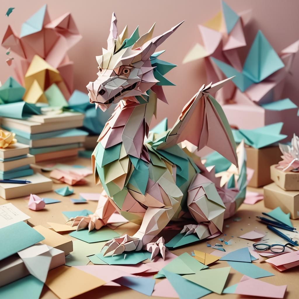 Pastel Origami Dragon Paper Sculpture Close-Up