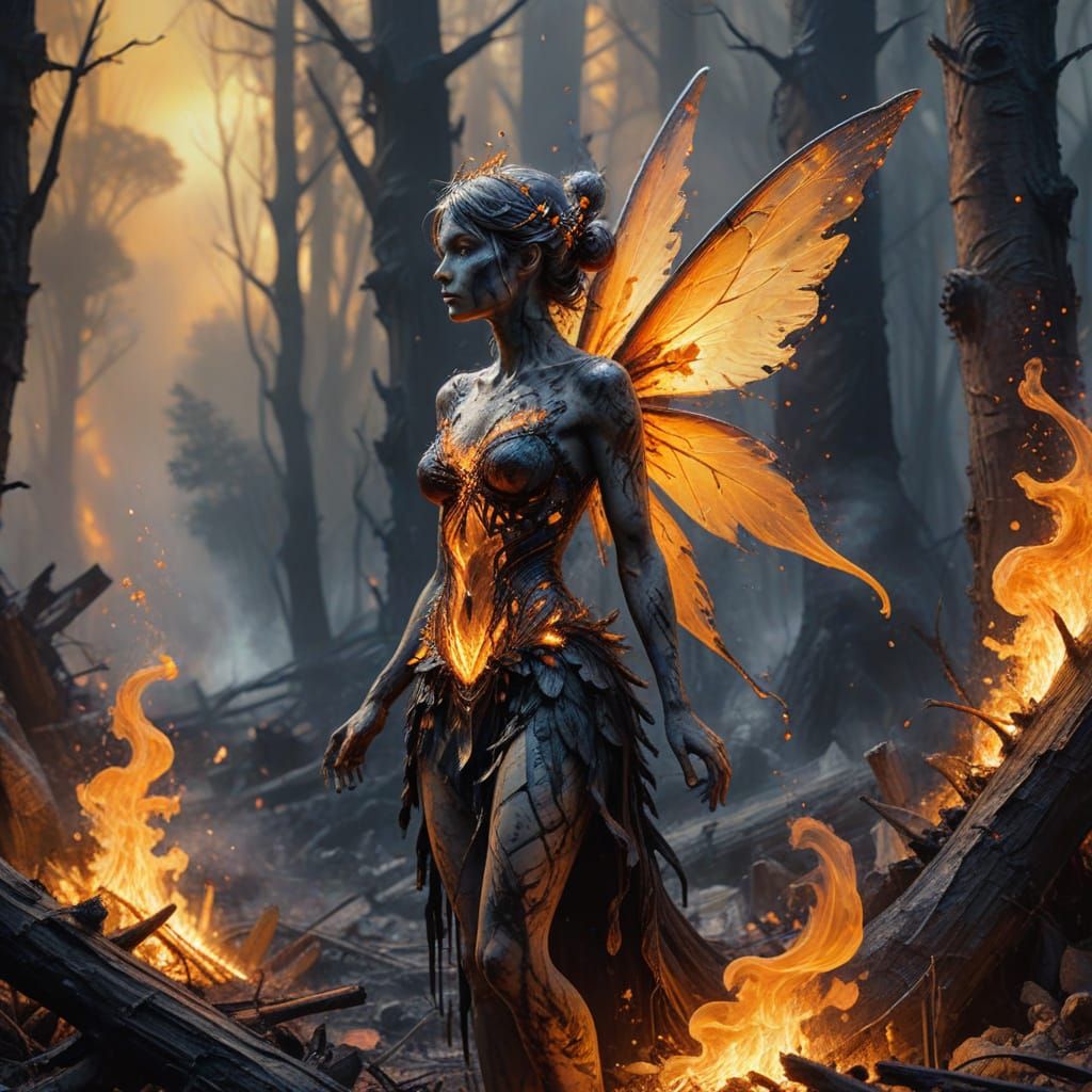 Ash Fairy in Charred Forest as Gouache Painting