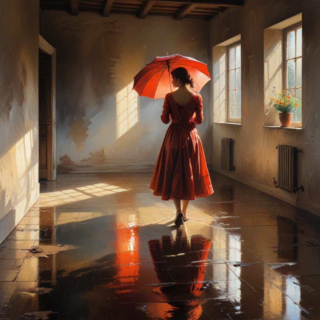 Melancholic Woman with Red Umbrella in Impressionist Style