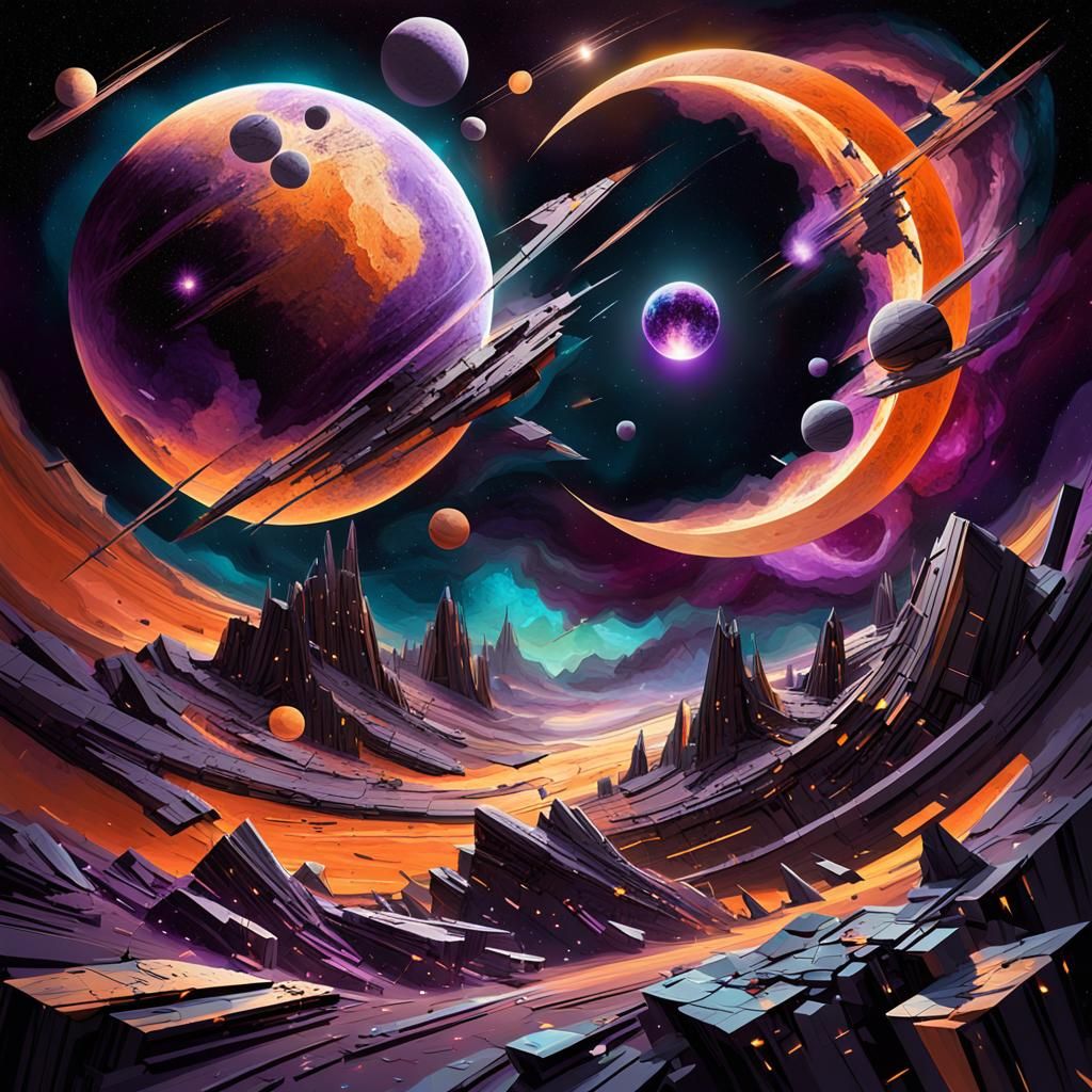 Planetary Collision in Abstract Cubism with Moon Fragments