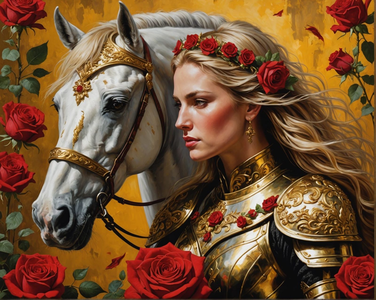 Woman Knight with Golden Stallion Oil Painting