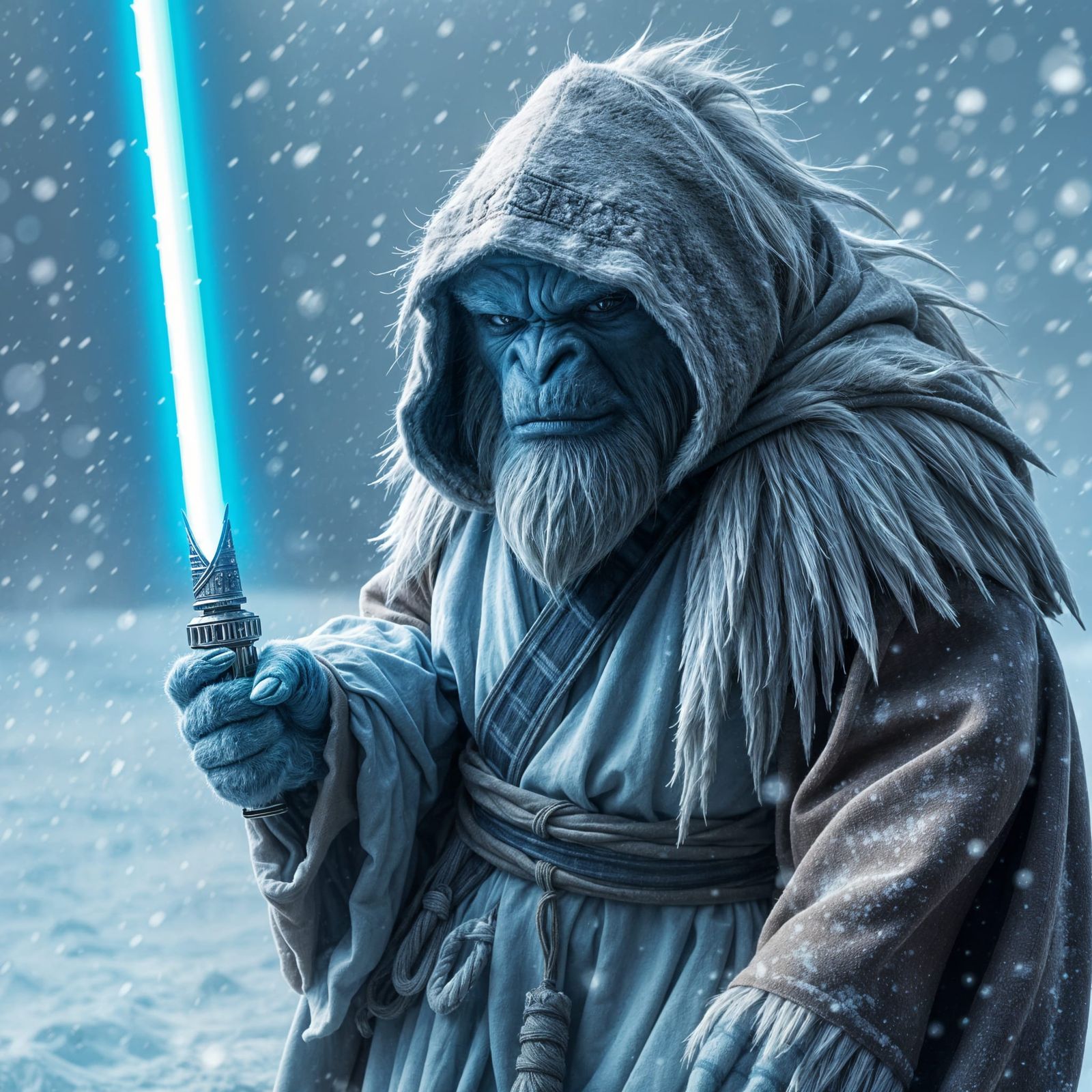 Majestic Yeti Jedi in a Snowy Storm with Glowing Blue Lights...