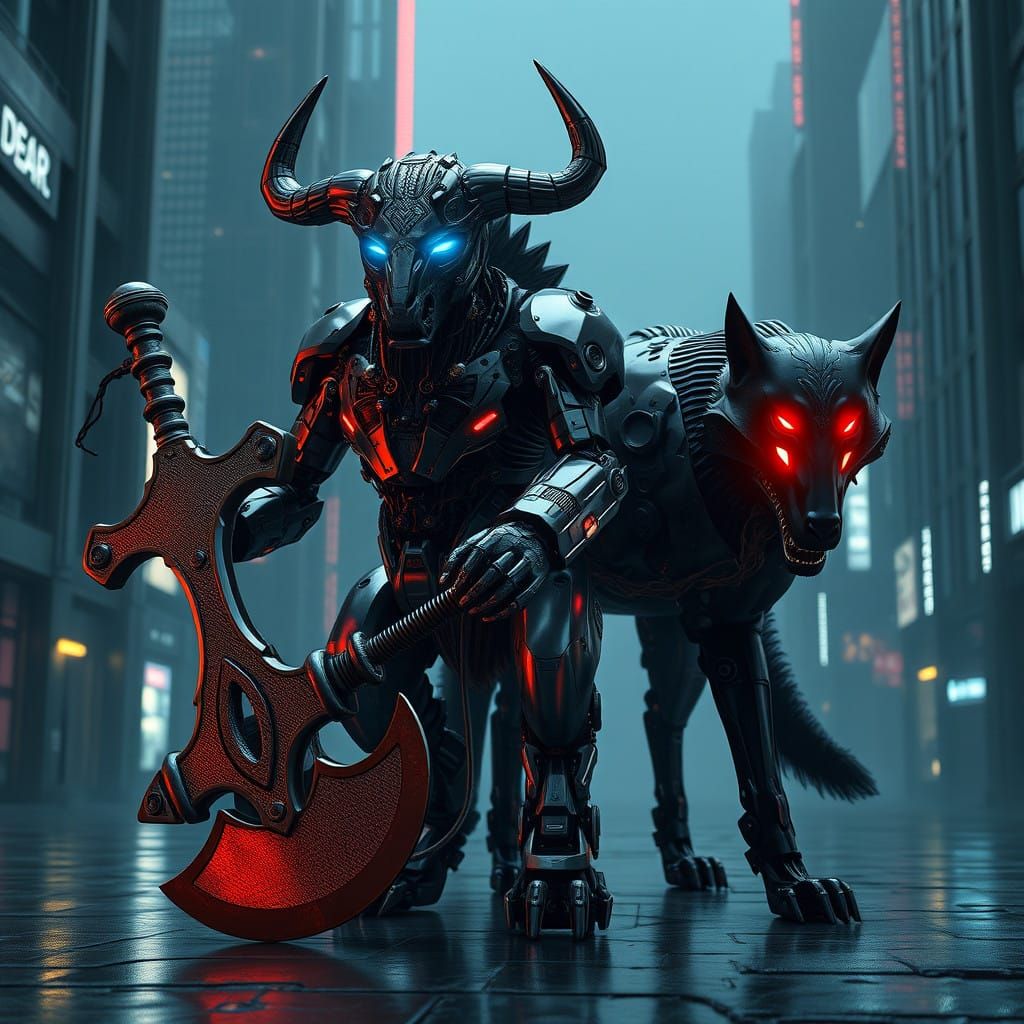 A robotic greek minotaur with glowing blue eyes with a large battle ax standing beside a large black robotic wolf with r...