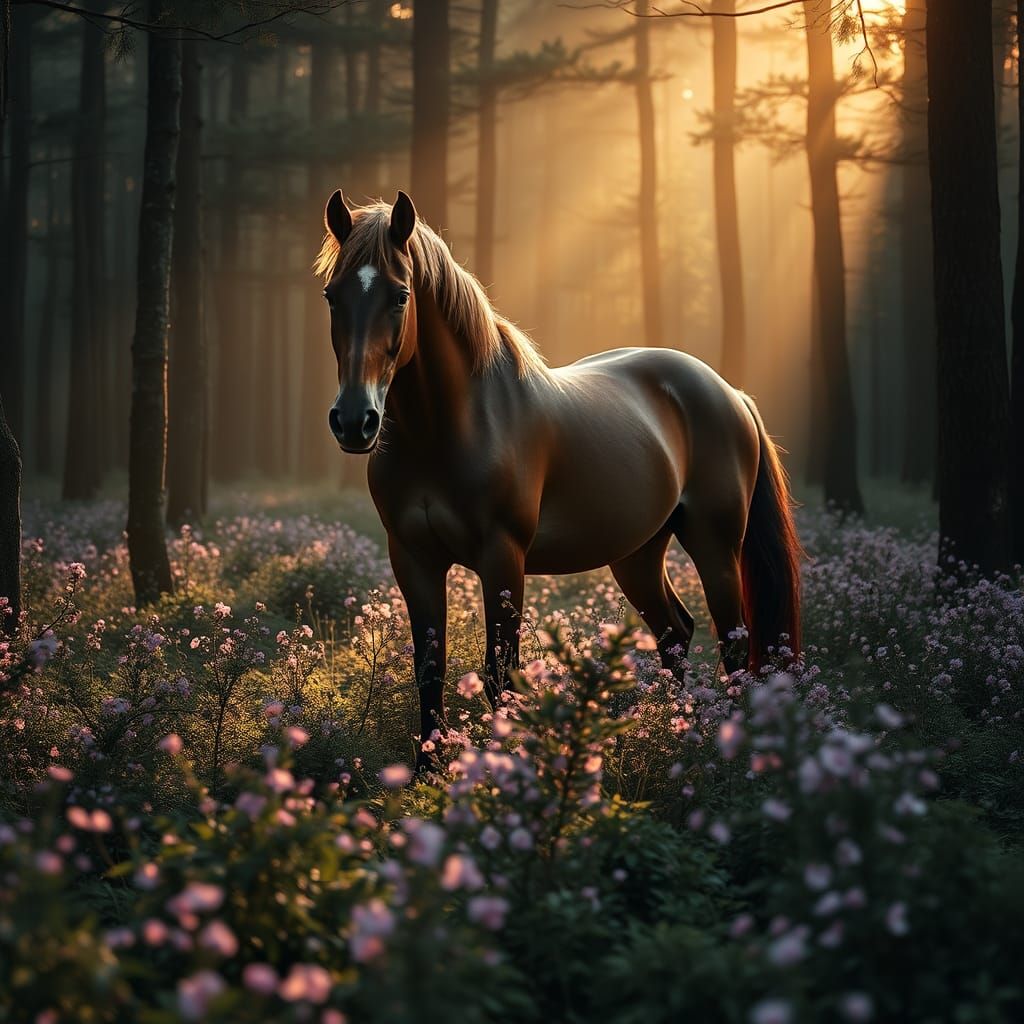 Sorrel Horse Surrounded by Wildflowers in Golden Light