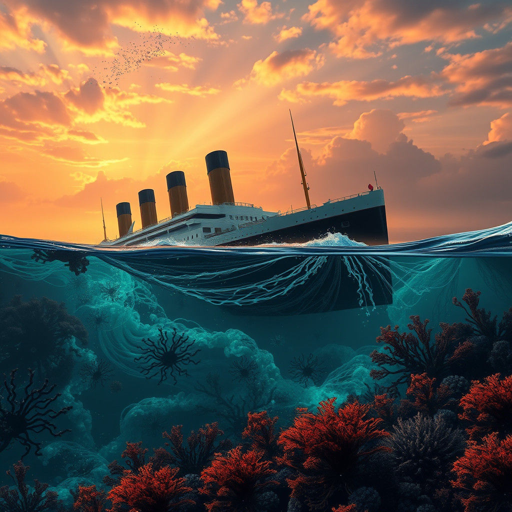 Titanic Wreckage in Bioluminescent Ocean: Matte Painting