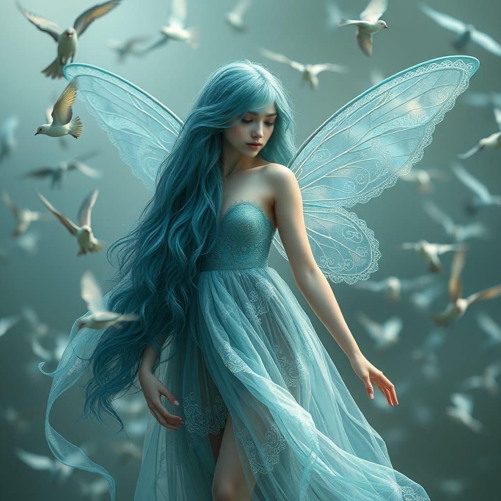 Hyperrealistic Fairy with Birds and Teal Hair