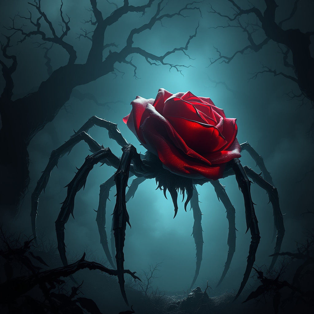 Rose-Spider Hybrid Emerges from Misty Forest