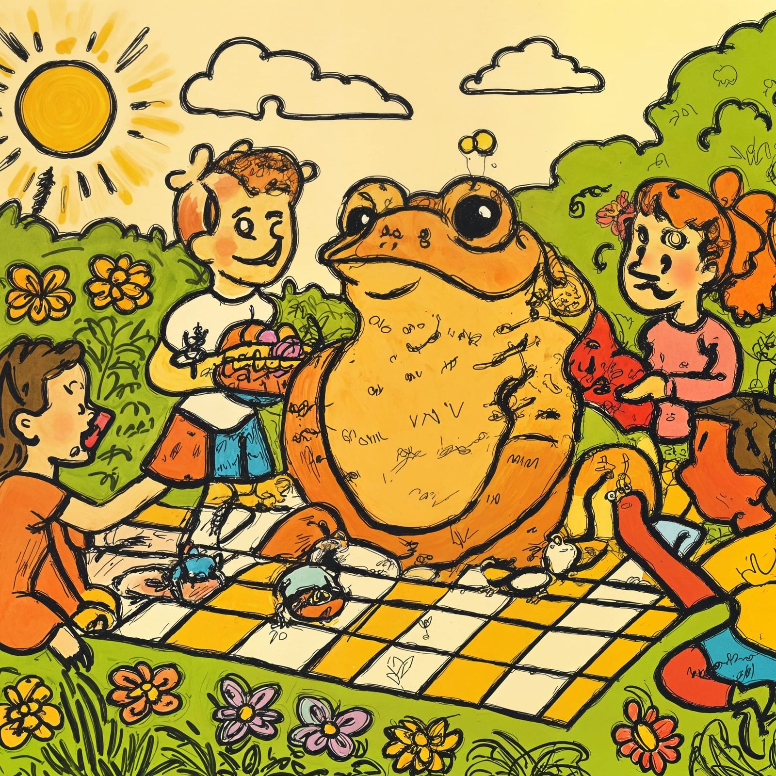 Children Offer Fruits to Giant Toad in Garden