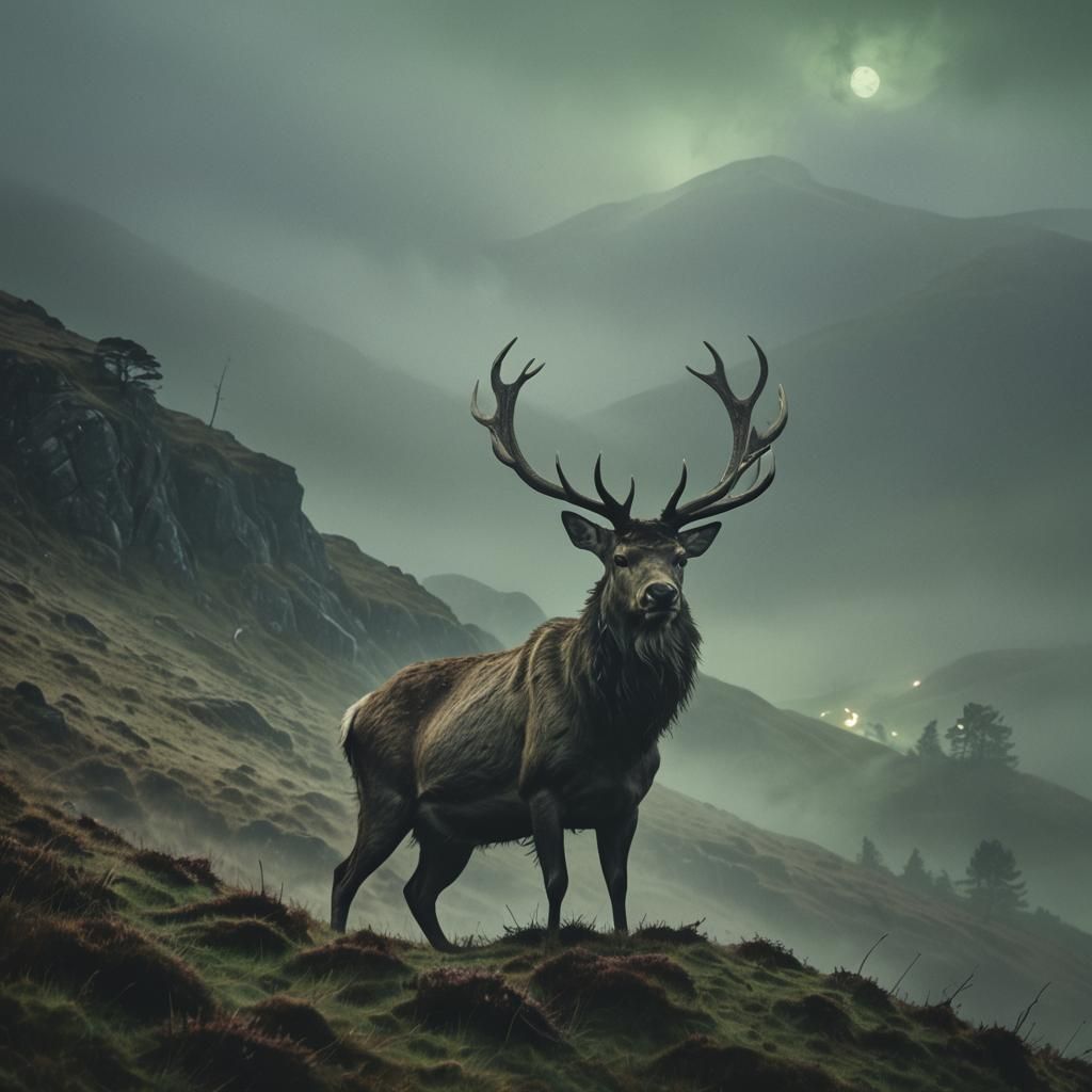 Stag in Scottish Highlands: Dark Fantasy Illustration