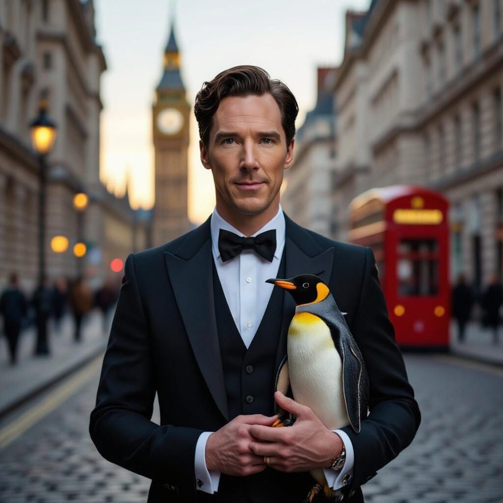 Benedict Cumberbatch with Penguin in London, Photorealistic ...