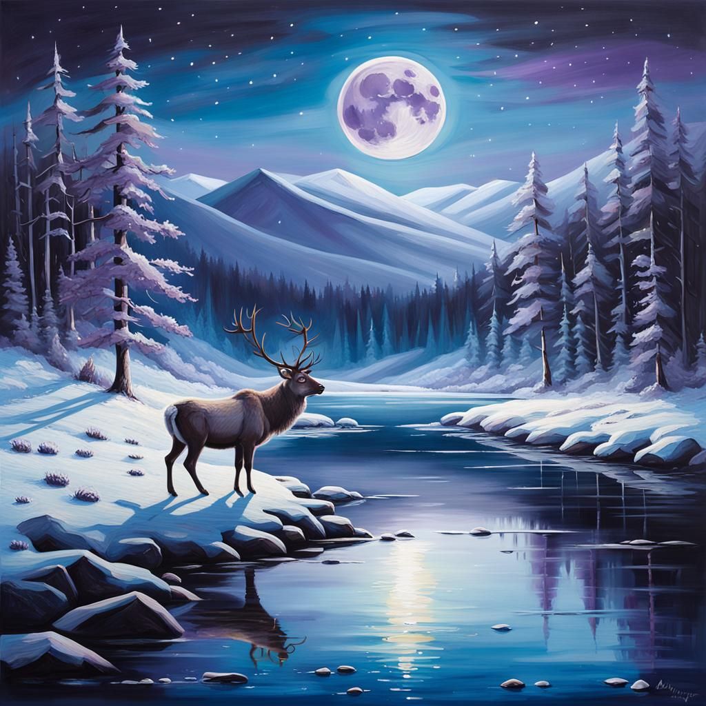 Reindeer in Nordic Landscape with Full Moon