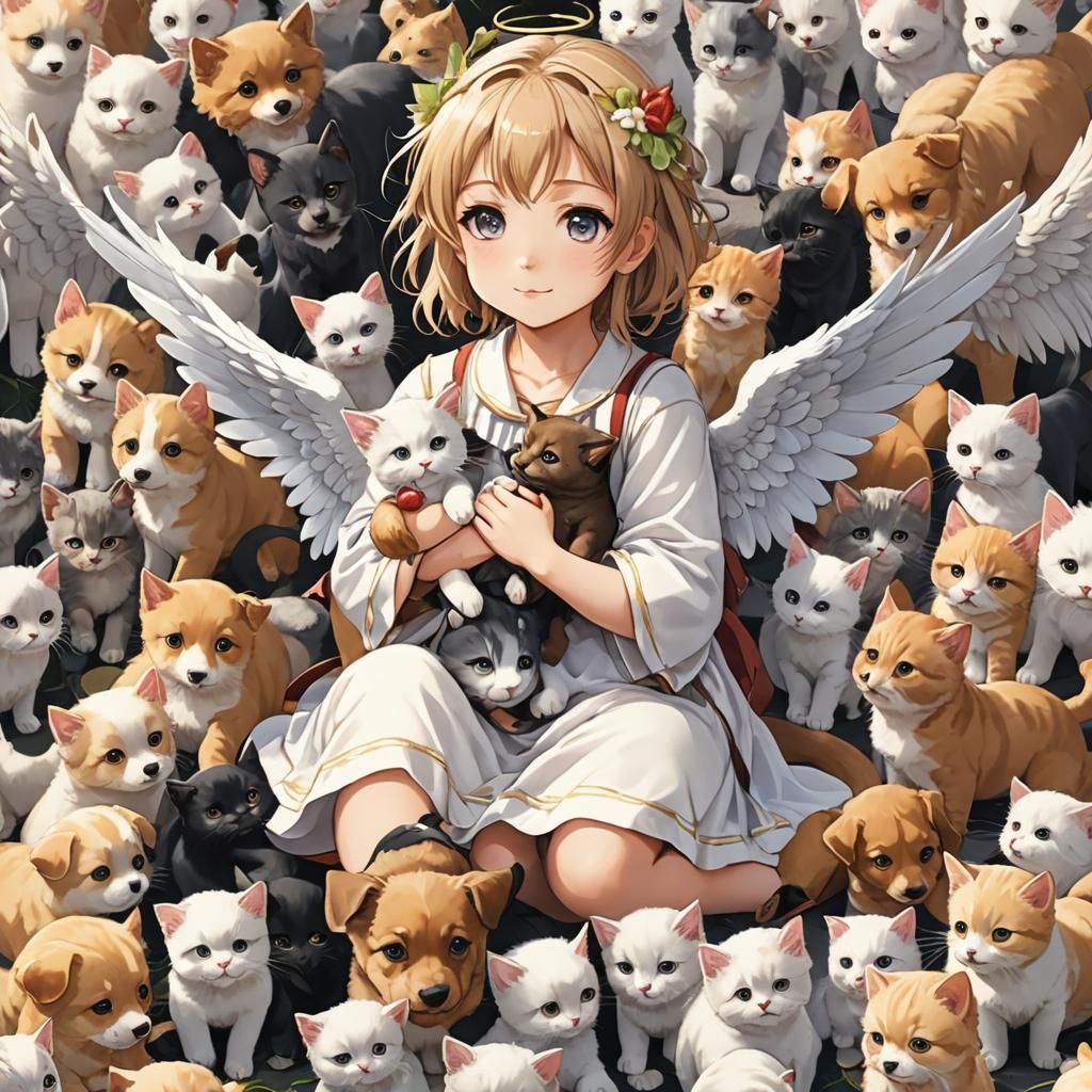 Anime Angel Surrounded by Puppies and Kittens
