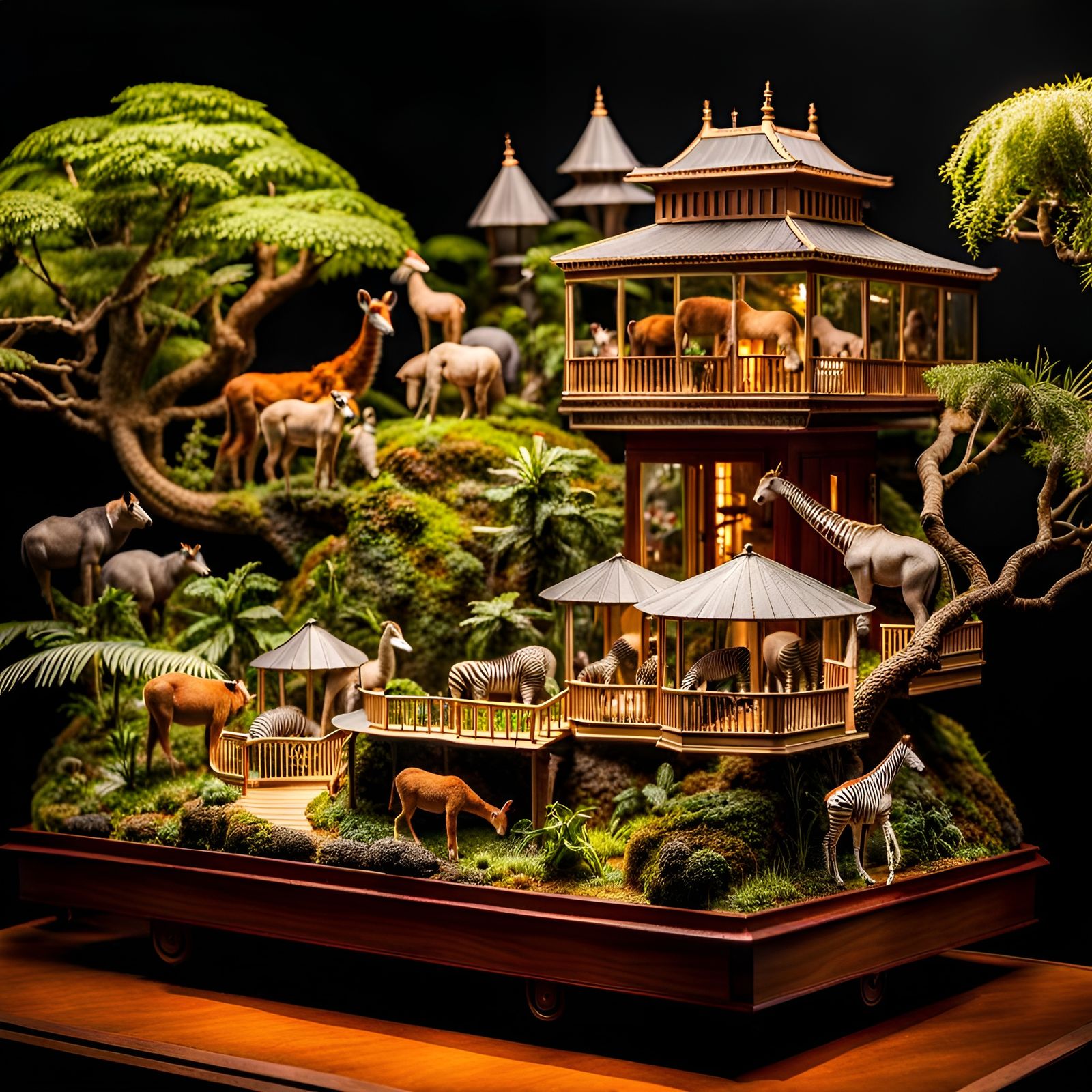 Intricate Miniature Zoo Exhibit on Wheels