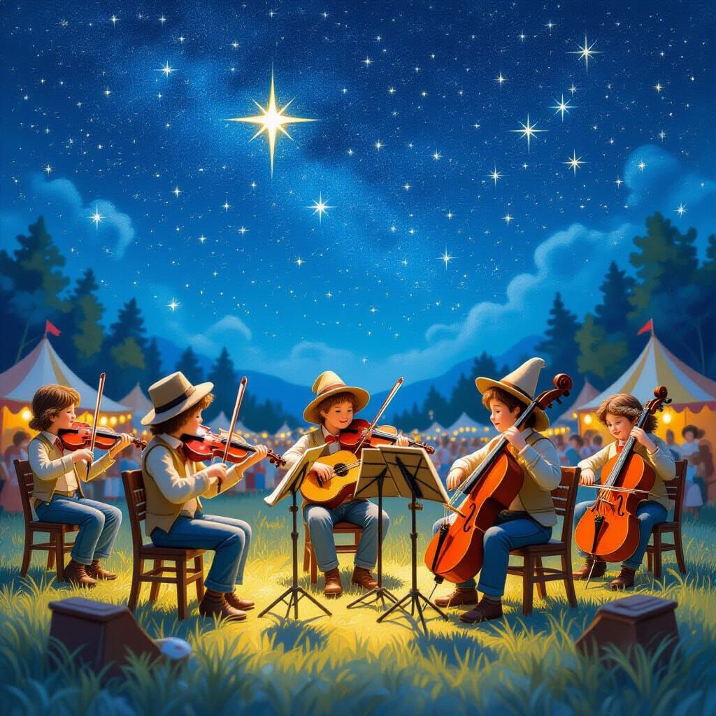 Miniature Musicians Under Starry Sky: A Whimsical Scene