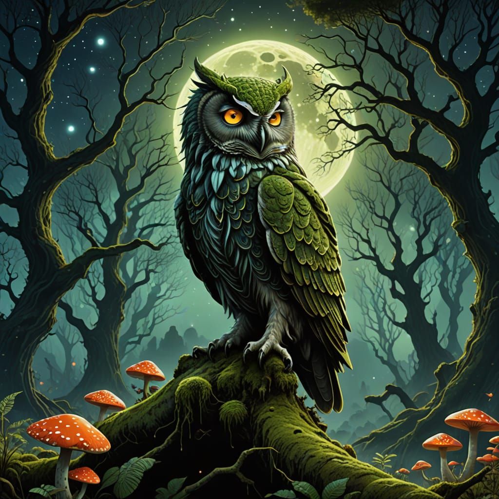 Moss Covered Stone Owl in Dreamlike Forest