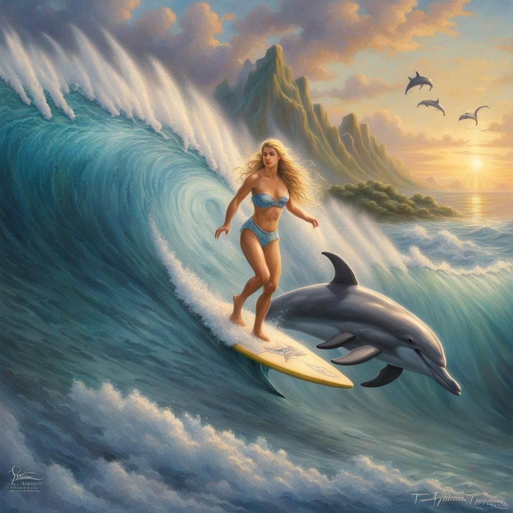 Blonde Surfer Girl Rides Wave with Dolphins