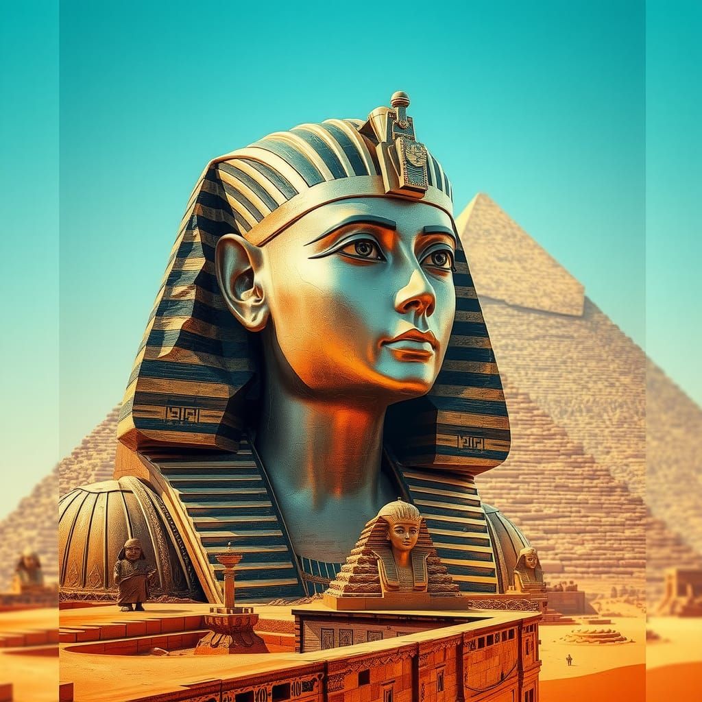Egyptian Pharaoh and Pyramids in Double Exposure
