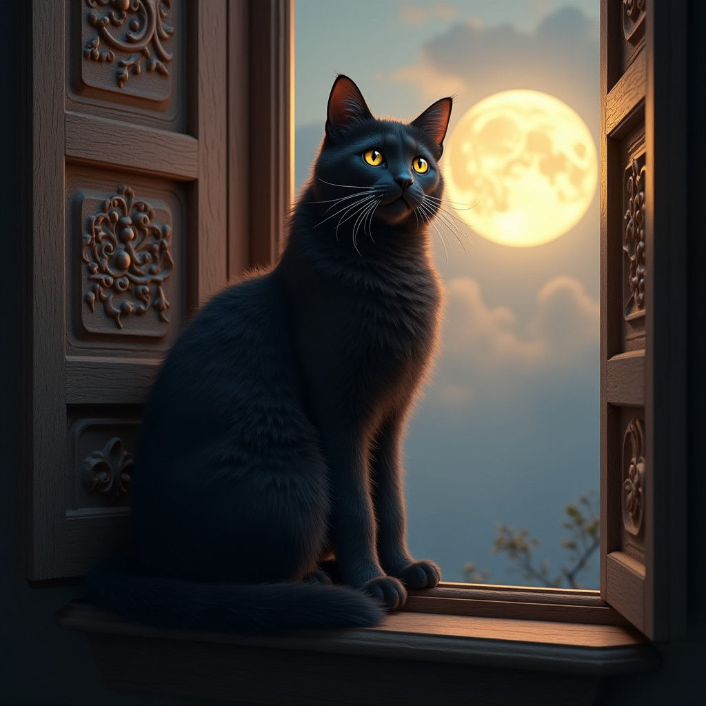 Majestic Black Cat in Baroque Moonlight, 3D Render