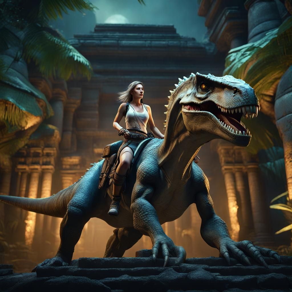Fantasy Archeologist Rides Dinosaur Through Jungle Ruins