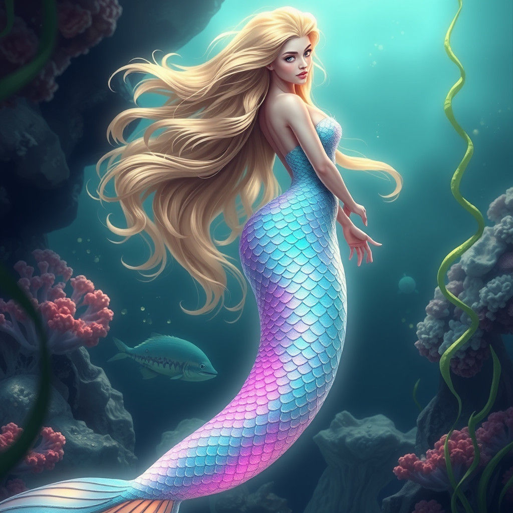 Iridescent Mermaid in Ethereal Underwater Scene