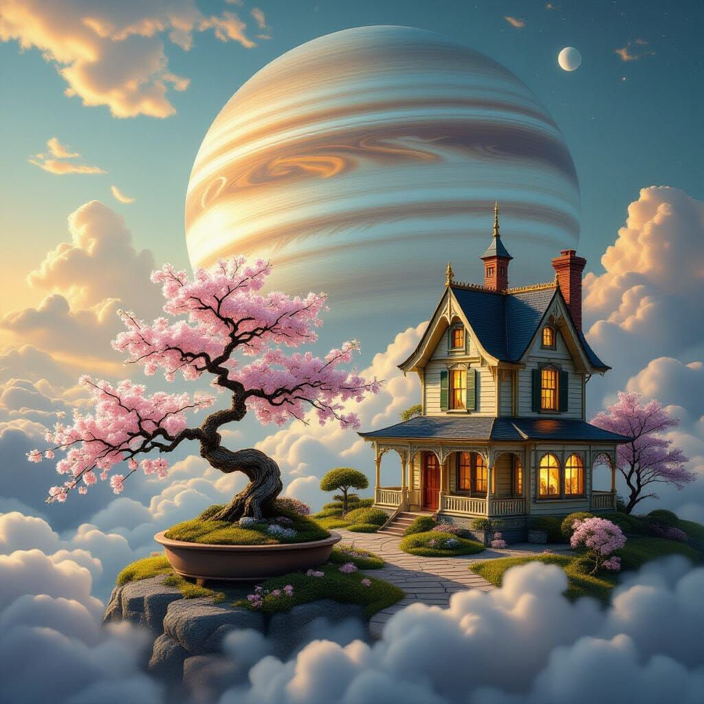 Surreal Bonsai Garden Among Jupiter's Clouds