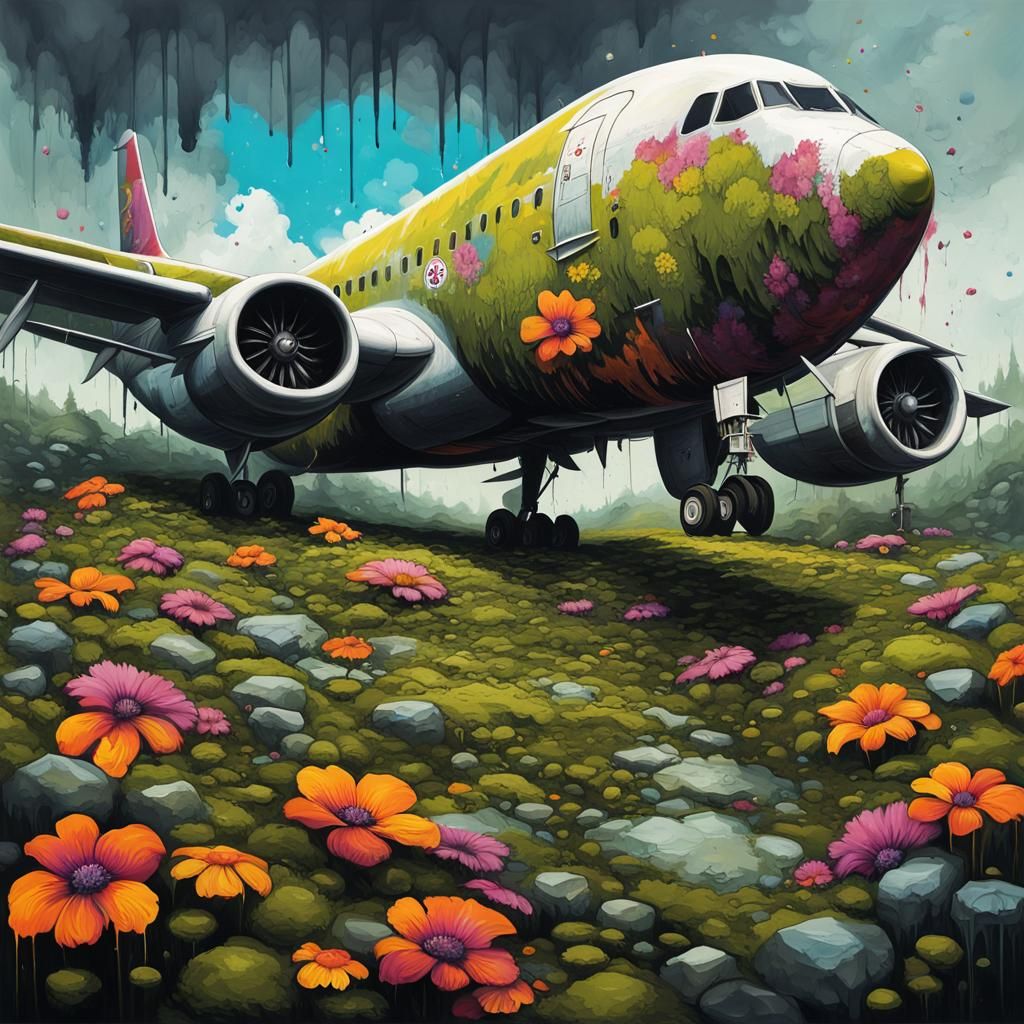 Moss and Flowers Adorn Aircraft in Graffiti Art Style