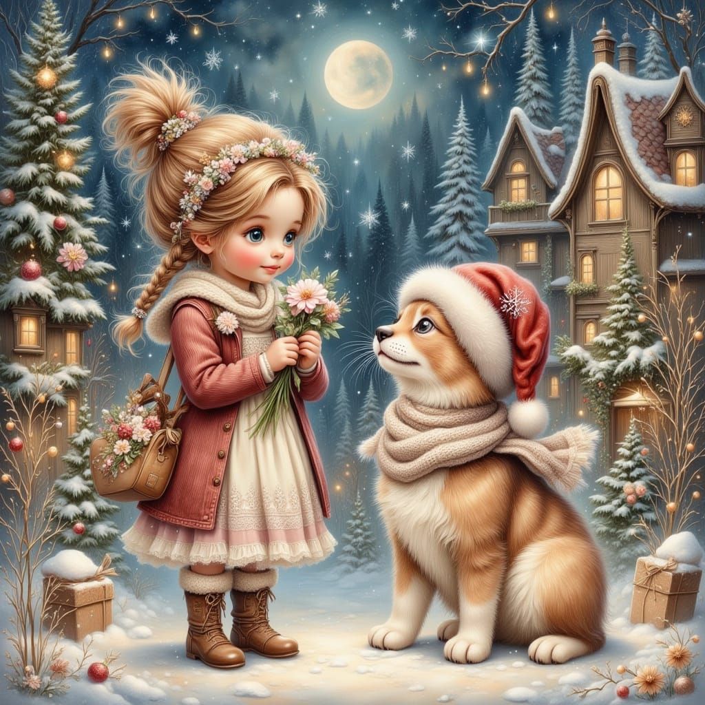 Girl and Kitten in Snowy Village as Acrylic Watercolor