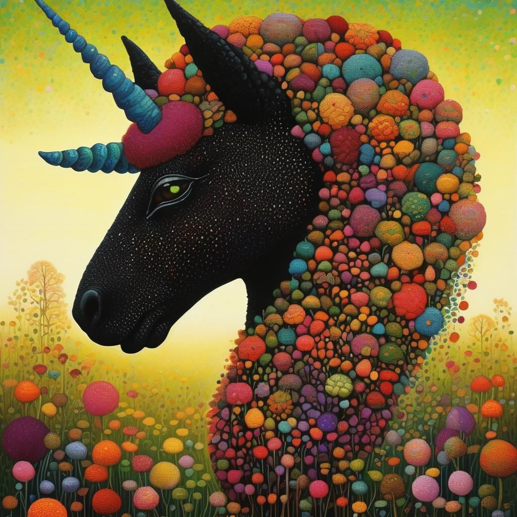 Black Woolen Unicorn in Pointillism Style