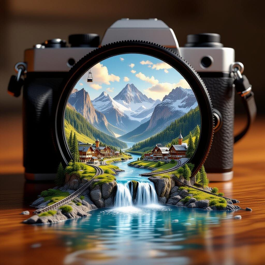 Miniature World Inside Camera With Waterfall