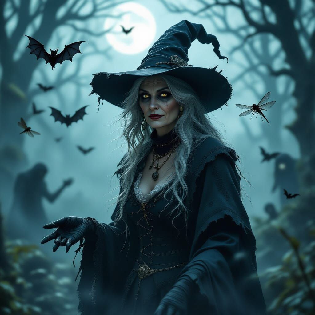 Realistic Witch in Misty Forest Clearing with Bats and Monst...