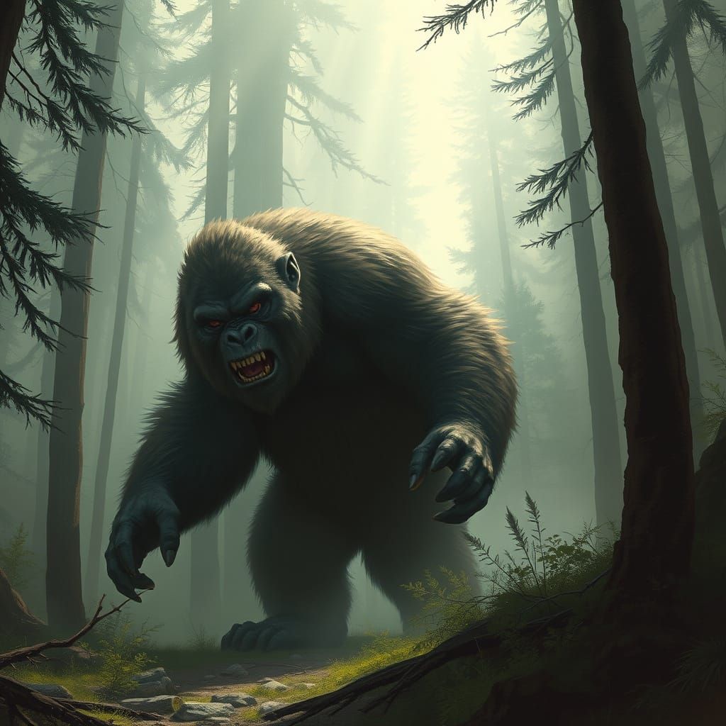 Surreal Ape King Reigns in Mysterious Forest Landscape