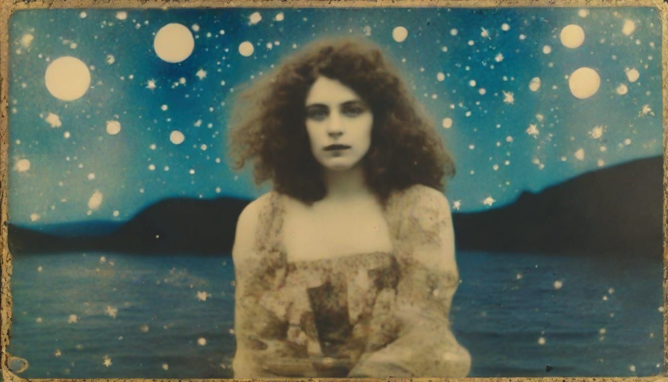 A Tarot Reader Under Golden Twinkling Stars in a Faded Flora...