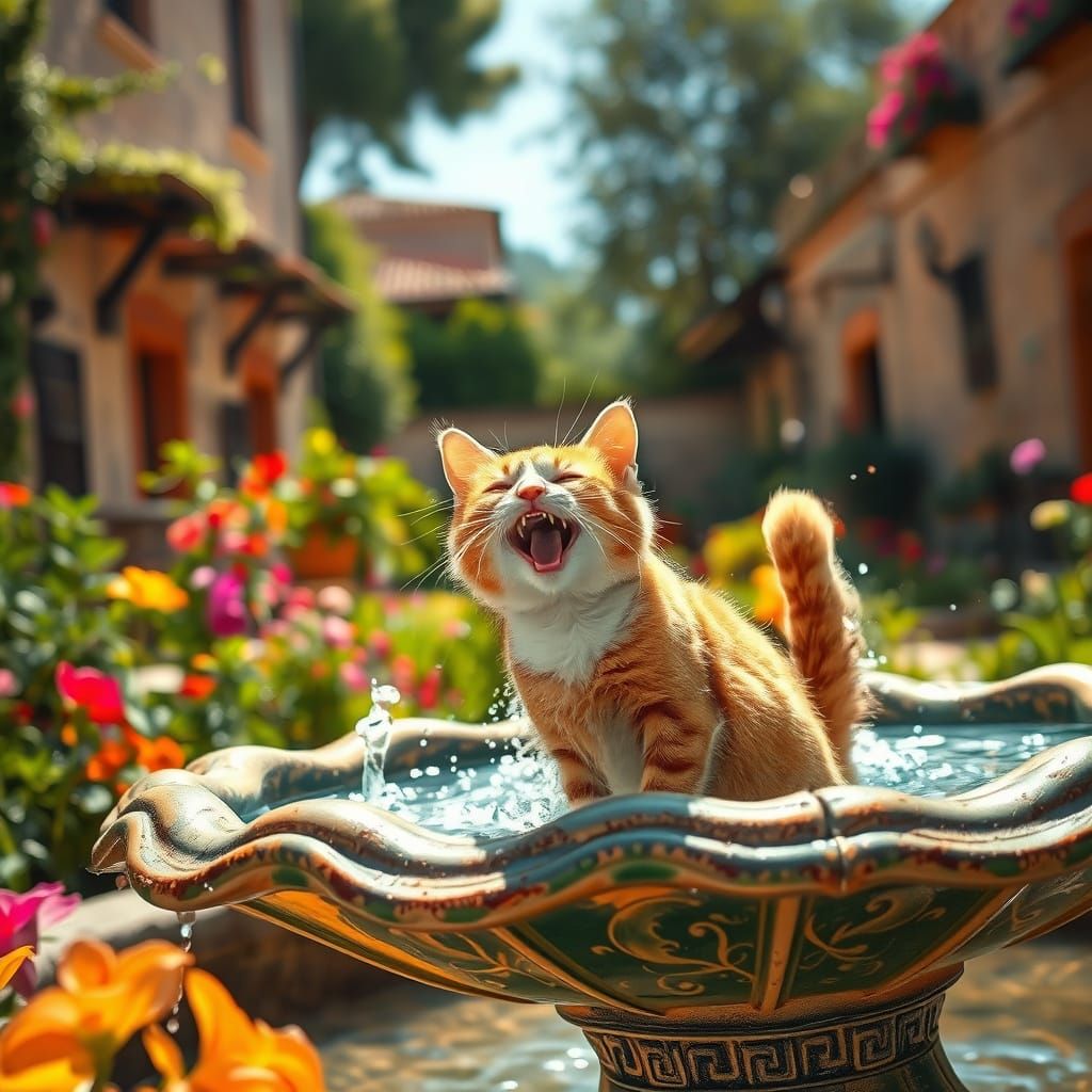 Cat's Joyful Play in Andalusian Garden Fountain