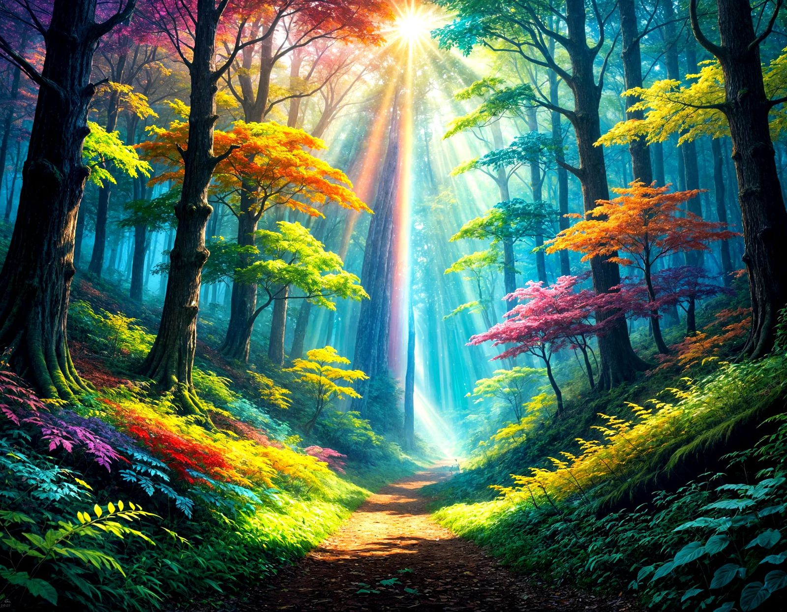 Rainbow Forest Canopy with Sunbeams, Concept Art