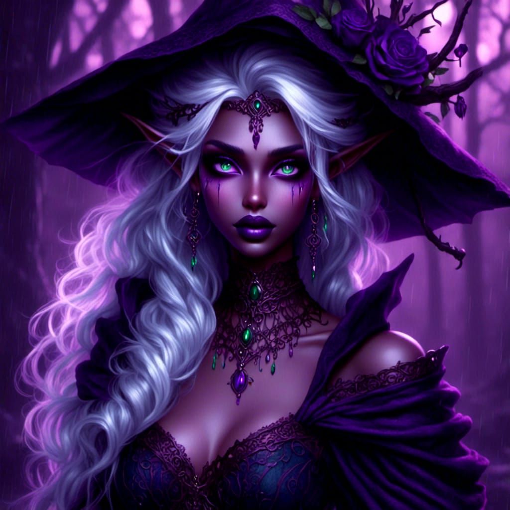 Beautiful Drow Princess with Purple Skin and Green Eyes