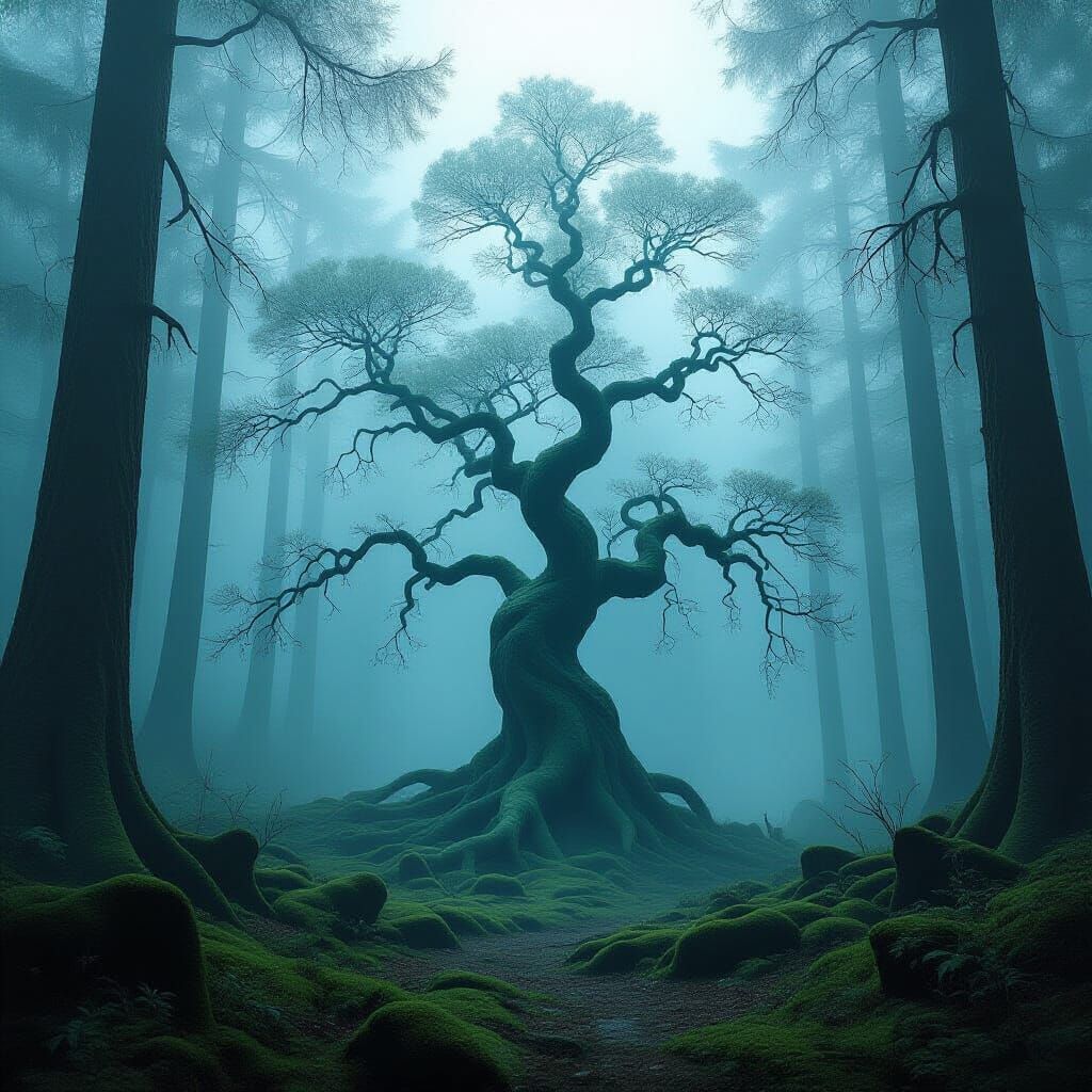 Ancient Tree in Ethereal Foggy Forest