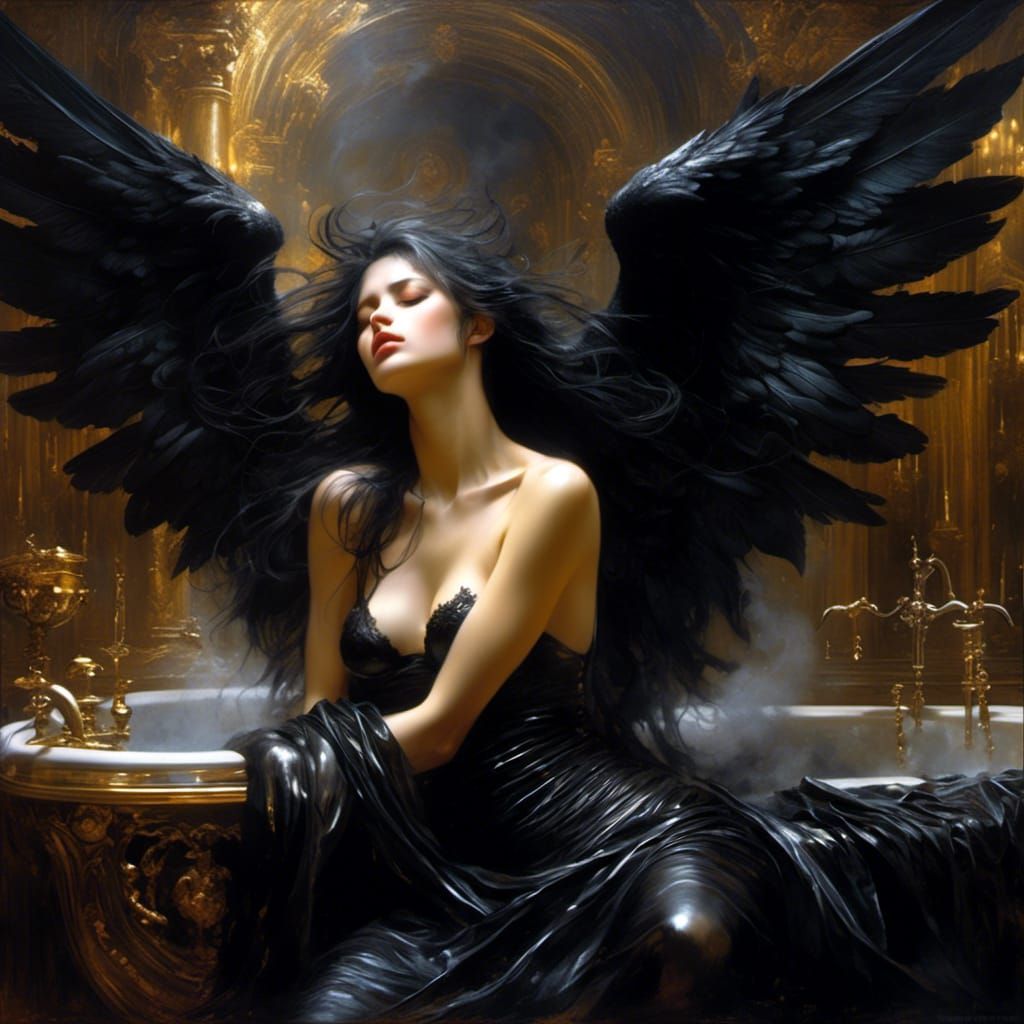 Gothic Angel's Bath in Hyperreal Oil Painting