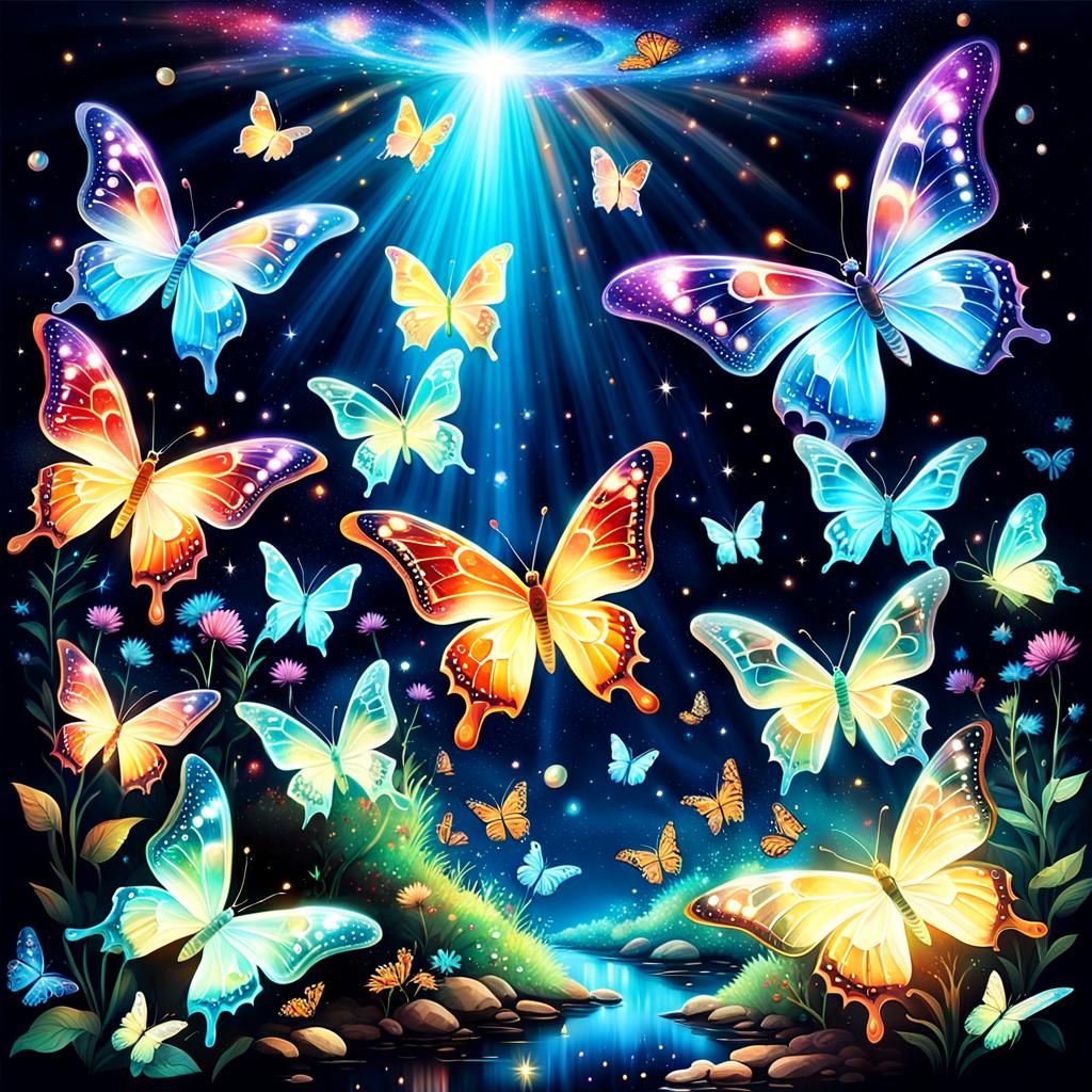 Luminescent Butterflies in Mythical Cosmic Dreamland