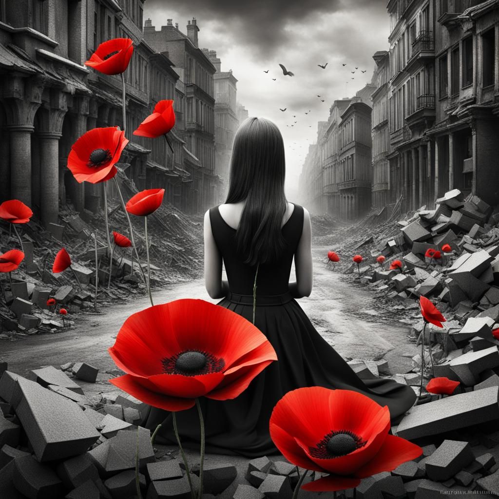 Desaturated Girl with Red Poppy in Cubist Style