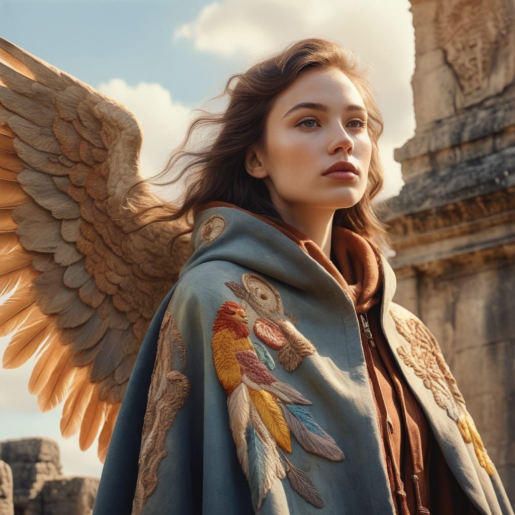 Pin Up Model Overlooking Ruins in Watercolor Style