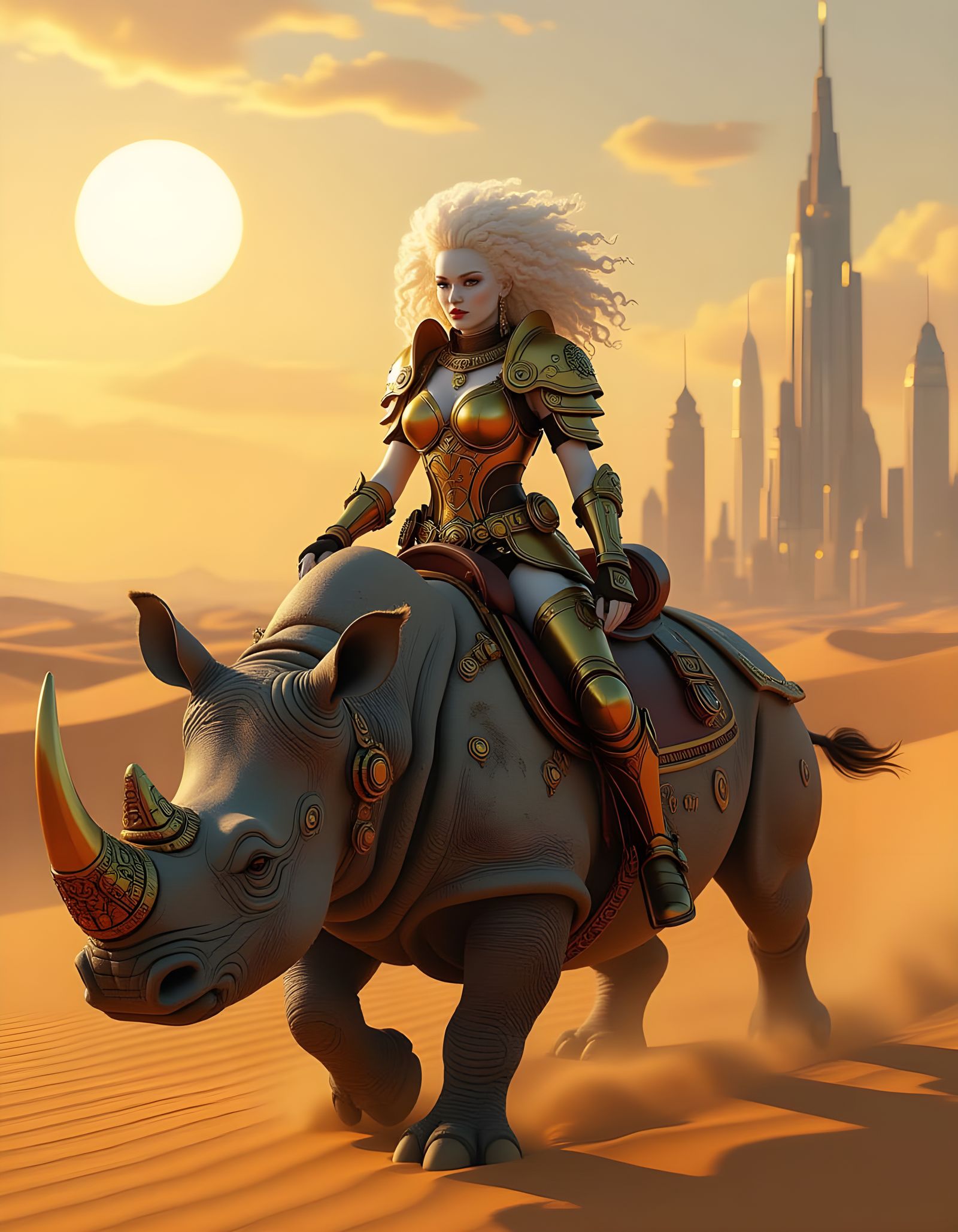 Albino Warrior Charges on Steampunk Rhino, Unreal Engine