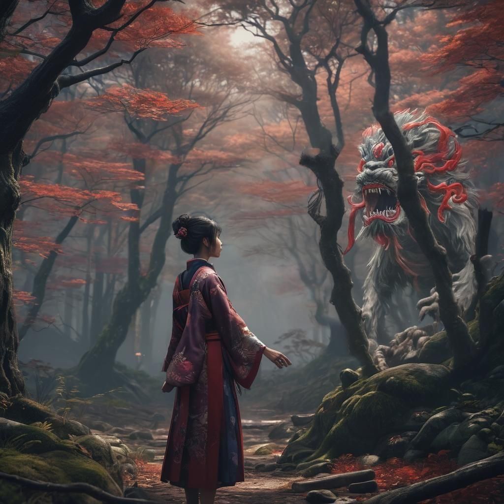 Girl Meets Japanese Spirit in Forest, Detailed Matte Paintin...
