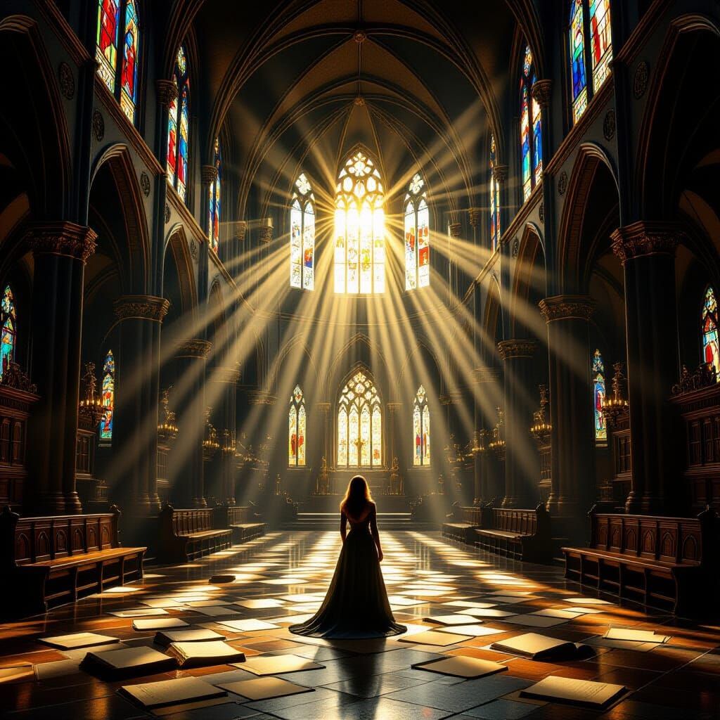 Sunlit Cathedral Interior with Woman in Prayer