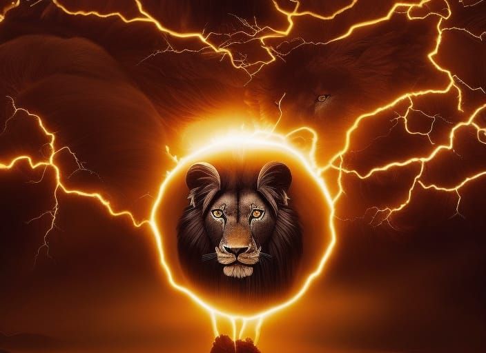 Golden Lightning Lion God in Ancient Forest