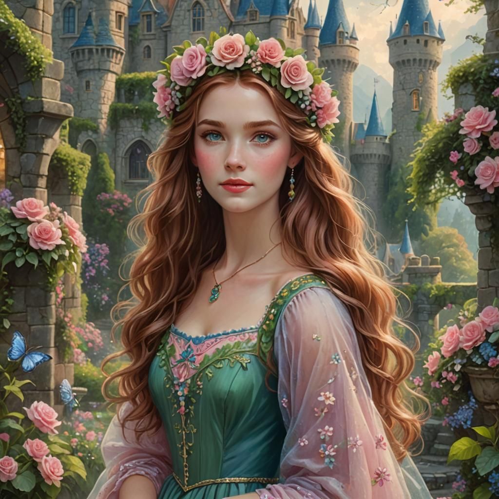 Auburn-Haired Girl with Flower Crown in Ethereal Setting